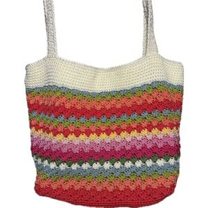 The Sak Crochet Tote Bag Rainbow Boho Hippie Multi Color Knit Large‎ Purse 90s